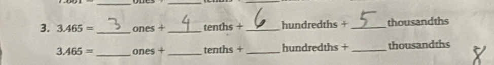 3.465= _ ones + _ tenths + _ hun dredths+ _thousandths 
_
3.465= ones + _ tenths + _ hundredths + _ thousandths