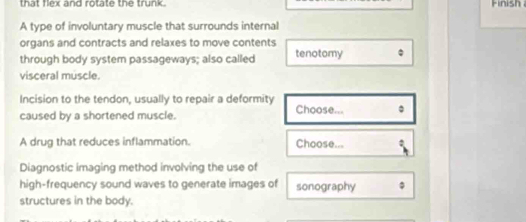 that flex and rotate the trunk. Finish 
A type of involuntary muscle that surrounds internal 
organs and contracts and relaxes to move contents 
through body system passageways; also called tenotomy 
visceral muscle. 
Incision to the tendon, usually to repair a deformity Choose... 
caused by a shortened muscle. 
A drug that reduces inflammation. Choose... 
Diagnostic imaging method involving the use of 
high-frequency sound waves to generate images of sonography 
structures in the body.