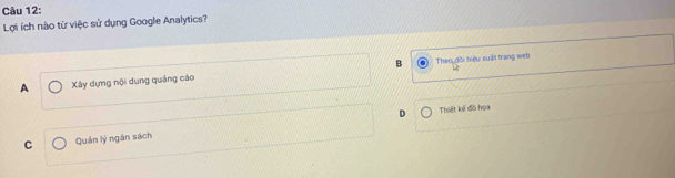 Lợi ích nào từ việc sử dụng Google Analytics?
A Xây dựng nội dụng quảng cáo B
Theo đối hiệu suất trang web
D Thiết kế đồ họa
C Quản lý ngân sách