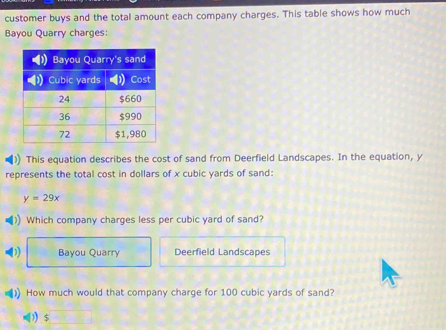 customer buys and the total amount each company charges. This table shows how much 
Bayou Quarry charges: 
This equation describes the cost of sand from Deerfield Landscapes. In the equation, y
represents the total cost in dollars of x cubic yards of sand:
y=29x
Which company charges less per cubic yard of sand? 
) Bayou Quarry Deerfield Landscapes 
How much would that company charge for 100 cubic yards of sand? 
S