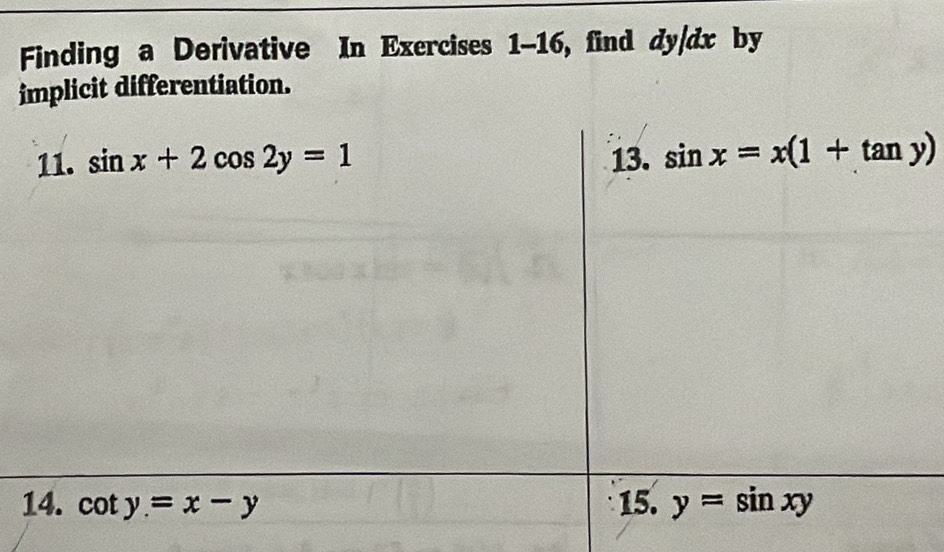 Finding a Derivative In Exercises 1-16, find dy/dx by
implicit differentiation.