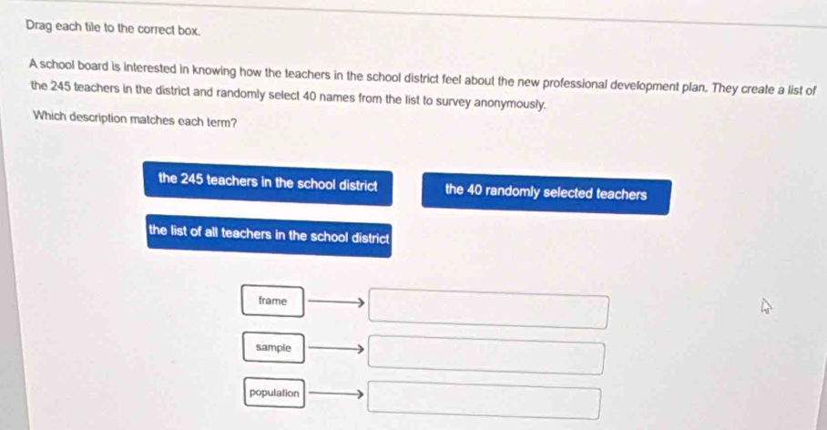 Drag each tile to the correct box,
A school board is interested in knowing how the teachers in the school district feel about the new professional development plan. They create a list of
the 245 teachers in the district and randomly select 40 names from the list to survey anonymously.
Which description matches each term?
the 245 teachers in the school district the 40 randomly selected teachers
the list of all teachers in the school distric 
trame
sample
population