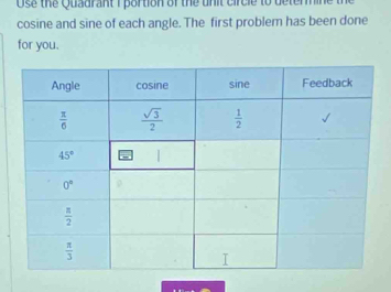 Ose the Quadrant i portion of the unit circle to deter 
cosine and sine of each angle. The first problem has been done
for you.