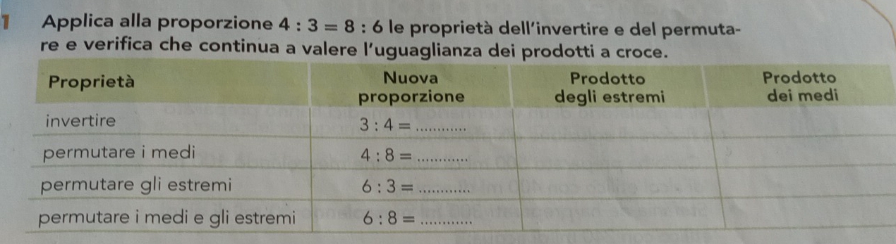 Applica alla proporzione 4:3=8:6 le proprietà dell'invertire e del permuta-
re e verifica che continua a valere l’uguaglianza dei prodotti a croce.