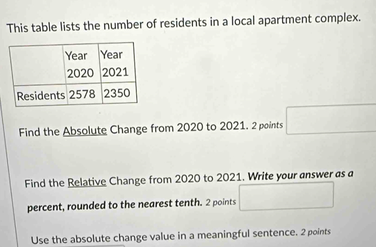 This table lists the number of residents in a local apartment complex. 
Find the Absolute Change from 2020 to 2021. 2 points □ 
Find the Relative Change from 2020 to 2021. Write your answer as a
(-frac 7* ()+(-2)^2)+(-2)^2* (-2)+(-2)^2* (-2)+(-2)^2* (-2)+(-2)^2 _  
percent, rounded to the nearest tenth. 2 points (-3,4) □  □  
Use the absolute change value in a meaningful sentence. 2 points