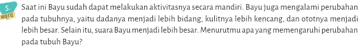 Saat ini Bayu sudah dapat melakukan aktivitasnya secara mandiri. Bayu juga mengalami perubahan 
HOTS pada tubuhnya, yaitu dadanya menjadi lebih bidang, kulitnya lebih kencang, dan ototnya menjadi 
lebih besar. Selain itu, suara Bayu menjadi lebih besar. Menurutmu apa yang memengaruhi perubahan 
pada tubuh Bayu?