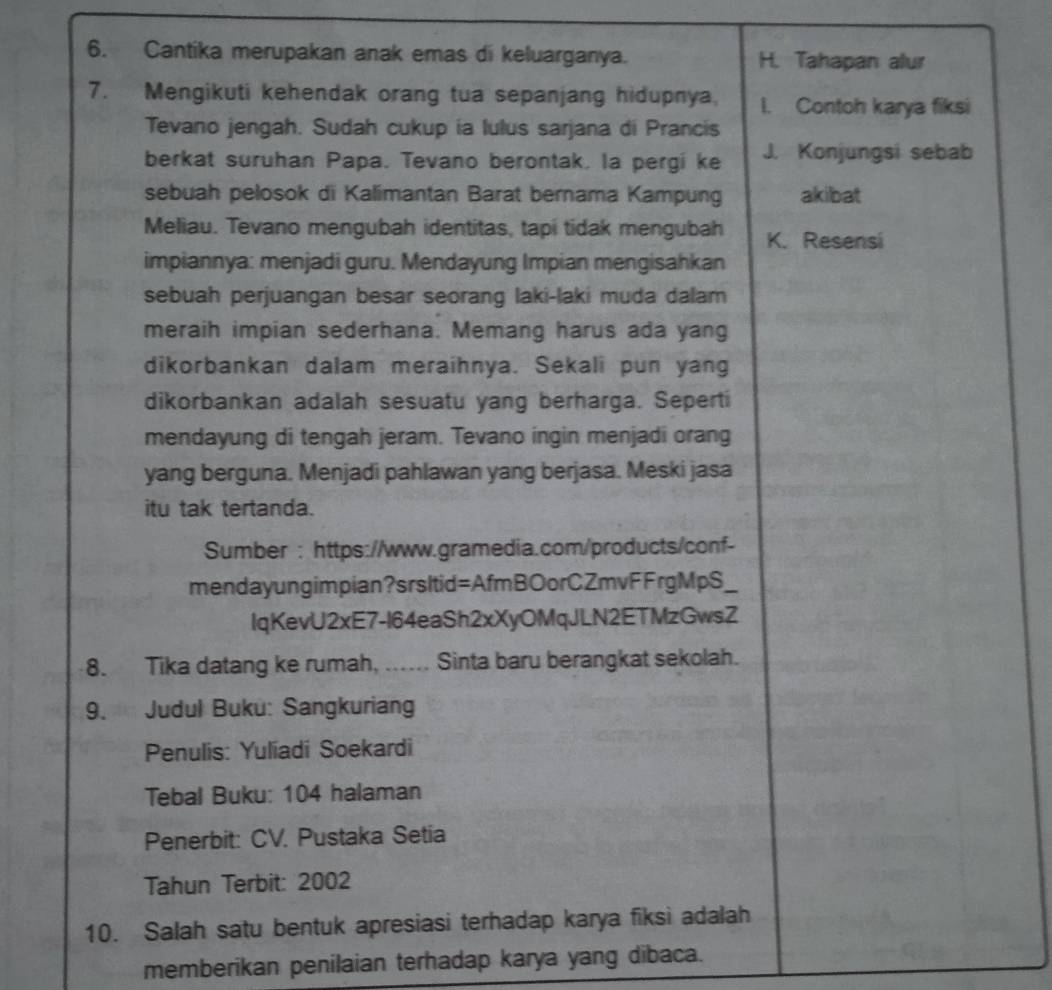 Cantika merupakan anak emas di keluarganya. H. Tahapan alur 
7. Mengikuti kehendak orang tua sepanjang hidupnya, I. Contoh karya fiksi 
Tevano jengah. Sudah cukup ia lulus sarjana di Prancis 
berkat suruhan Papa. Tevano berontak. la pergi ke J. Konjungsi sebab 
sebuah pelosok di Kalimantan Barat bernama Kampung akibat 
Meliau. Tevano mengubah identitas, tapi tidak mengubah K. Resensi 
impiannya: menjadi guru. Mendayung Impian mengisahkan 
sebuah perjuangan besar seorang laki-laki muda dalam 
meraih impian sederhana. Memang harus ada yang 
dikorbankan dalam meraihnya. Sekali pun yang 
dikorbankan adalah sesuatu yang berharga. Seperti 
mendayung di tengah jeram. Tevano ingin menjadi orang 
yang berguna. Menjadi pahlawan yang berjasa. Meski jasa 
itu tak tertanda. 
Sumber : https://www.gramedia.com/products/conf- 
mendayungimpian?srsItid=AfmBOorCZmvFFrgMpS_ 
IqKevU2xE7-I64eaSh2xXyOMqJLN2ETMzGwsZ 
8. Tika datang ke rumah, ...... Sinta baru berangkat sekolah. 
9. Judul Buku: Sangkuriang 
Penulis: Yulíadi Soekardi 
Tebal Buku: 104 halaman 
Penerbit: CV. Pustaka Setía 
Tahun Terbit: 2002 
10. Salah satu bentuk apresiasi terhadap karya fiksi adalah 
memberikan penilaian terhadap karya yang dibaca.