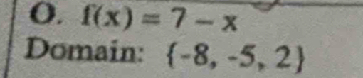 f(x)=7-x
Domain:  -8,-5,2