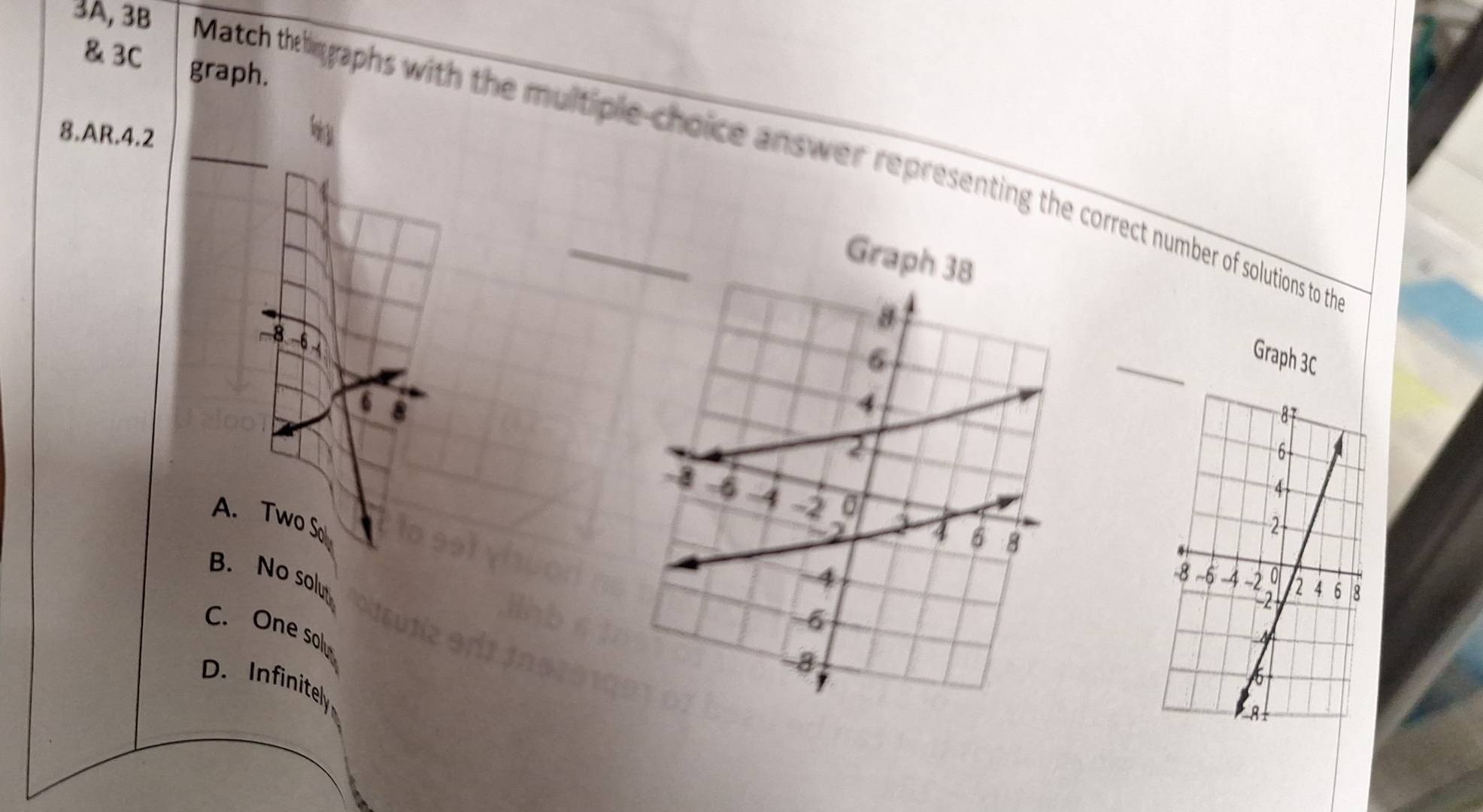 3C graph.
8.AR.4.2
3A, 3B _Match th g gaphs with the multiple choice answer representing the correct number of solutions to the
Graph 38
-8
Graph 3C
6 8
A. Two So
B. No soly
C. One soly
D. Infinitely