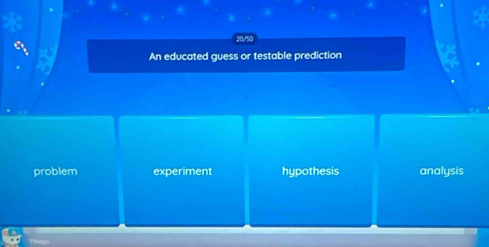 20/50
An educated guess or testable prediction
problem experiment hypothesis analysis