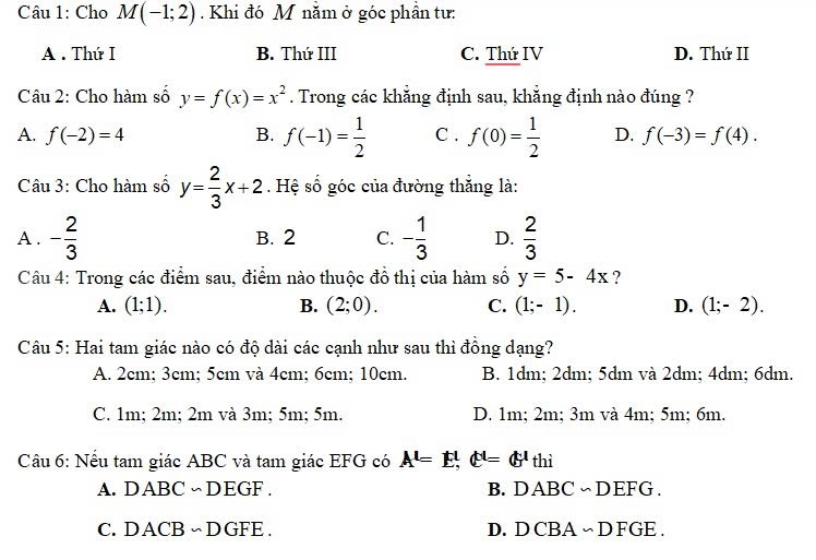 Cho M(-1;2). Khi đó M nằm ở góc phần tư:
A . Thứ I B. Thứ III C. Thứ IV D. Thứ II
Câu 2: Cho hàm số y=f(x)=x^2. Trong các khẳng định sau, khẳng định nào đúng ?
A. f(-2)=4 B. f(-1)= 1/2  C . f(0)= 1/2  D. f(-3)=f(4). 
Câu 3: Cho hàm số y= 2/3 x+2. Hệ số góc của đường thẳng là:
A. - 2/3  B. 2 C. - 1/3  D.  2/3 
Câu 4: Trong các điểm sau, điểm nào thuộc đồ thị của hàm số y=5-4x ?
A. (1;1). B. (2;0). C. (1;-1). D. (1;-2). 
Câu 5: Hai tam giác nào có độ dài các cạnh như sau thì đồng dạng?
A. 2cm; 3cm; 5cm và 4cm; 6cm; 10cm. B. 1dm; 2dm; 5dm và 2dm; 4dm; 6dm.
C. 1m; 2m; 2m và 3m; 5m; 5m. D. 1m; 2m; 3m và 4m; 5m; 6m.
Câu 6: Nếu tam giác ABC và tam giác EFG có A'=E!, C'=6' thì
A. DABC ∽DEGF . B. DABC∽DEFG .
C. DACB ∽DGFE . D. D CBA ∽ D FGE .