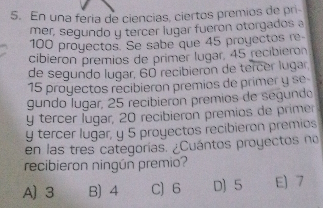 En una feria de ciencias, ciertos premios de pri
mer, segundo y tercer lugar fueron otorgados a
100 proyectos. Se sabe que 45 proyectos re
cibieron premios de primer lugar, 45 recibieron
de segundo lugar, 60 recibieron de tercer lugar,
15 proyectos recibieron premios de primer y se
gundo lugar, 25 recibierón premios de segundo
y tercer lugar, 20 recibieron premios de primer
y tercer lugar, y 5 proyectos recibieron premios
en las tres categorías. ¿Cuántos proyectos no
recibieron ningún premio?
A 3 B) 4 C 6 D 5 E 7