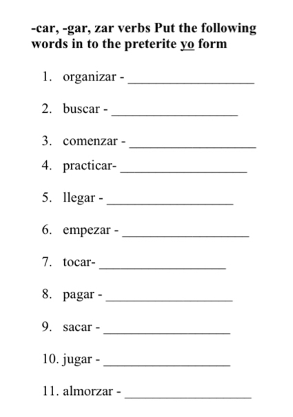 Solved: car, -gar, zar verbs Put the following words in to the ...