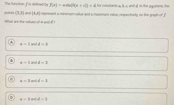 Solved: The function f is defined by f(x)=asin (b(x+c))+d , for ...