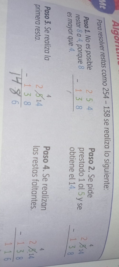 Algoritm
Vt Para resolver restas como 254-138 se realiza lo siguiente:
Paso 1. No es posible
Paso 2. Se pide
restar 8 a 4, porque 8 beginarrayr 254 -138 hline endarray prestado 1 al 5 y se
es mayor que 4.
obtiene el 14.
Paso 4. Se realizan
Paso 3. Se realiza la jü y è
primera resta.
las restas faltantes.
beginarrayr beginarrayr 2beginarrayr 2encloselongdiv 14 -138 hline 116endarray