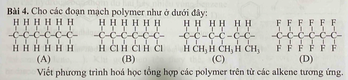 Cho các đoạn mạch polymer như ở dưới đây:
H H H H H H
|||
-C-C-C-C-C-C-C-
^
H Η Η H Η H
(A) (B) (C) (D)
Viết phương trình hoá học tổng hợp các polymer trên từ các alkene tương ứng.