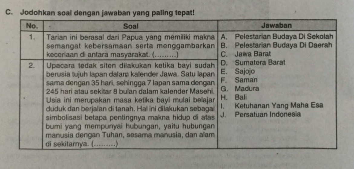 Jodohkan soal dengan jawaban yang paling tepat!