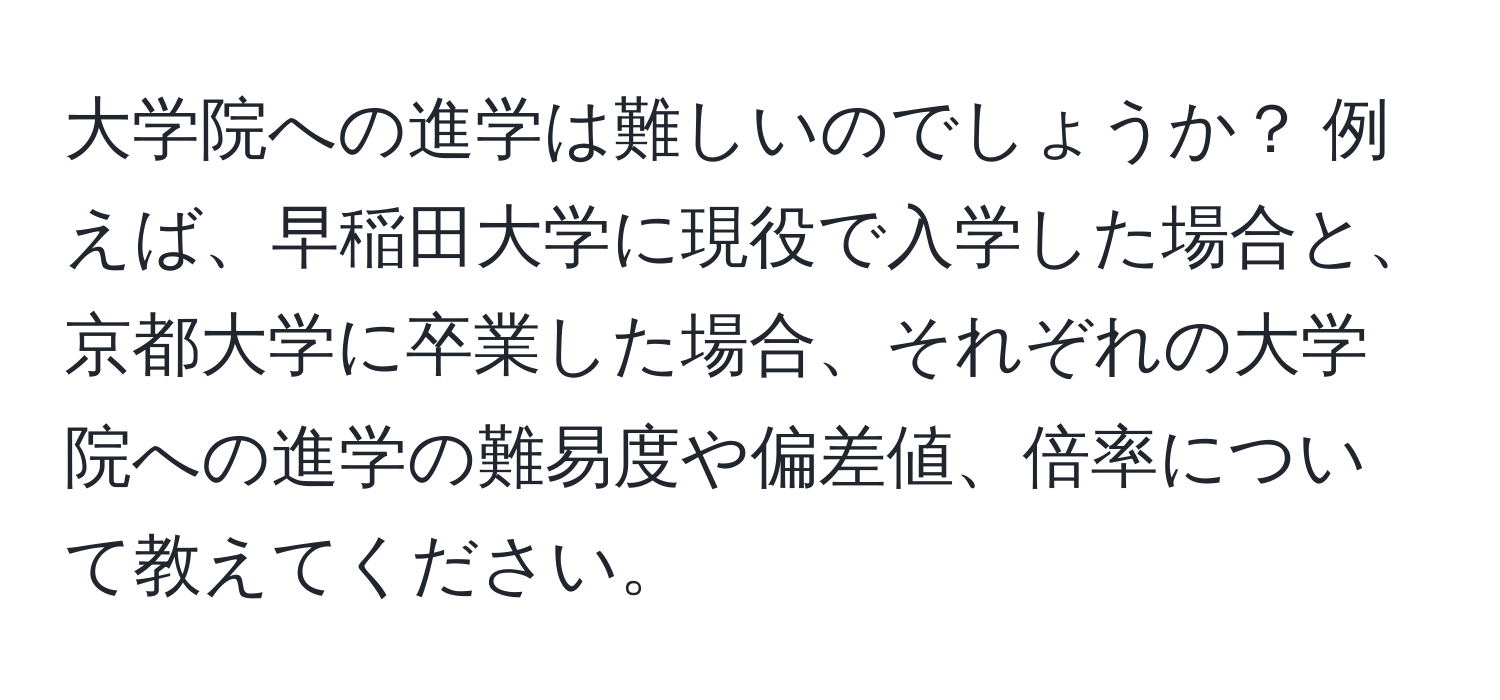 大学院への進学は難しいのでしょうか？ 例えば、早稲田大学に現役で入学した場合と、京都大学に卒業した場合、それぞれの大学院への進学の難易度や偏差値、倍率について教えてください。