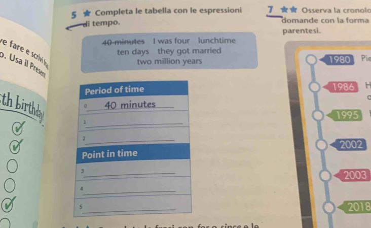 5 ★ Completa le tabella con le espressioni 7 Osserva la cronolo 
di tempo. domande con la forma 
parentesi.
40 minutes I was four lunchtime 
e fare e scrivi f
ten days they got married Pie
two million years 1980. Usa il Preser
1986 H 
t birth
1995
2002
2003
2018