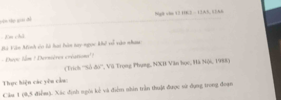 yên tập giai đề Ngữ văn 12 HK2 - 12A5, 12A6
- Em chã 
Bà Văn Minh éo là hai bản tay ngọc khê vổ vào nhau: 
- Được lầm ! Dernières créat 10015°
(Trích ''Số đô'', Vũ Trọng Phụng, NXB Văn học, Hà Nội, 1988) 
Thực hiện các yêu cầu: 
Câu 1 (0,5 điểm). Xác định ngôi kể và điểm nhìn trần thuật được sử dụng trong đoạn