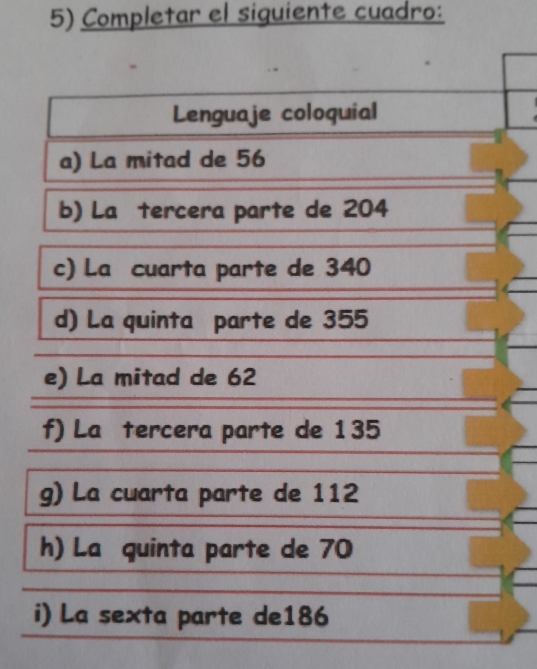 Completar el siquiente cuadro: 
Lenguaje coloquial 
a) La mitad de 56
b) La tercera parte de 204
c) La cuarta parte de 340
d) La quinta parte de 355
e) La mitad de 62
f) La tercera parte de 135
g) La cuarta parte de 112
h) La quinta parte de 70
i) La sexta parte de186