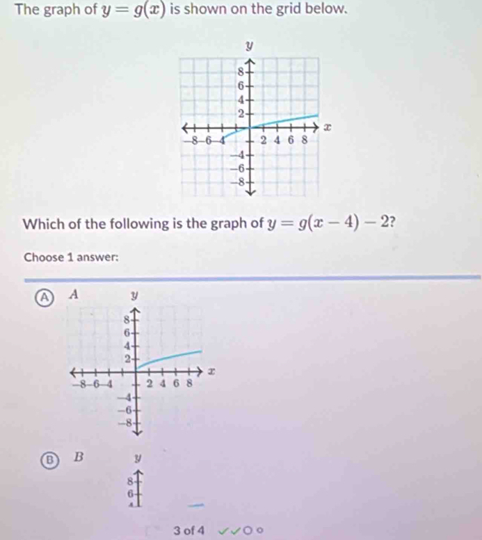 The graph of y=g(x) is shown on the grid below.
Which of the following is the graph of y=g(x-4)-2 ?
Choose 1 answer:
a 
B y
8
6

3 of 4