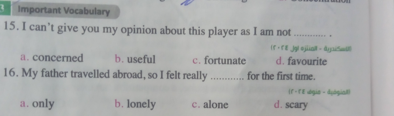 Important Vocabulary
15. I can’t give you my opinion about this player as I am not_
。
(「· 「ɛ jgl ojüall - @yュiSwlll)
a. concerned b. useful c. fortunate d. favourite
16. My father travelled abroad, so I felt really _for the first time.
(Γ· Γε lágia - âtágiall)
a. only b. lonely c. alone d. scary