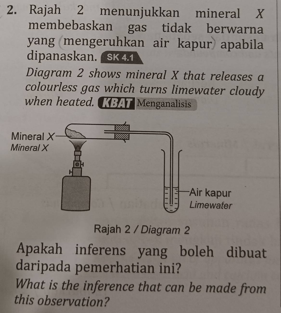 Rajah 2 menunjukkan mineral X
membebaskan gas tidak berwarna 
yang mengeruhkan air kapur apabila 
dipanaskan. SK 4.1 
Diagram 2 shows mineral X that releases a 
colourless gas which turns limewater cloudy 
when heated. KBAT Menganalisis 
Rajah 2 / Diagram 2 
Apakah inferens yang boleh dibuat 
daripada pemerhatian ini? 
What is the inference that can be made from 
this observation?