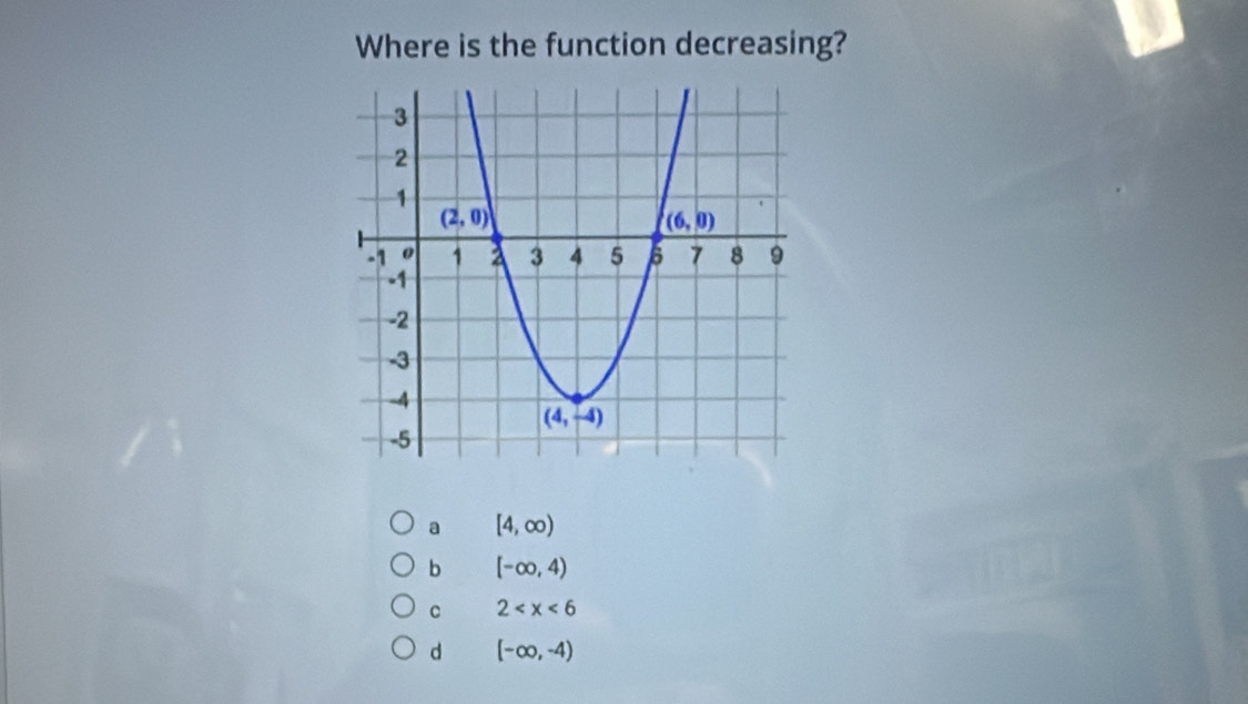 Where is the function decreasing?
a [4,∈fty )
b [-∈fty ,4)
C 2
d (-∈fty ,-4)