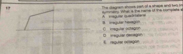 The diagram shows part of a shape and two lin
symmetry. What is the name of the complete s
A irregular quadrilateral
B irregular hexagon
C irregular octagon
D irregular decagon
E regular octagon