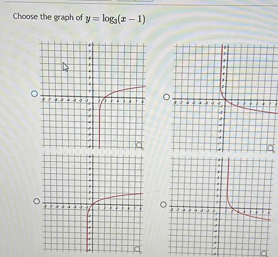 Choose the graph of y=log _3(x-1)

-3