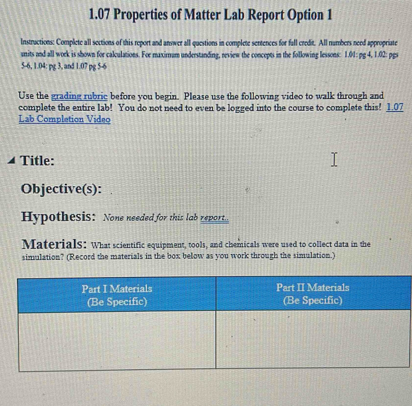 Solved: 1.07 Properties of Matter Lab Report Option 1 Instructions ...