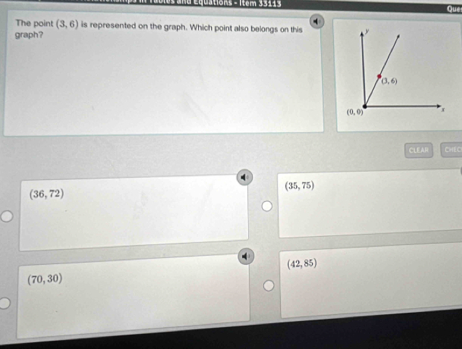 Cand Équations - Item 33113 Que
The point (3,6) is represented on the graph. Which point also belongs on this 
graph?
CLEAR CHEC
(35,75)
(36,72)
(42,85)
(70,30)