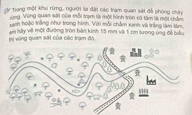 Trong một khu rừng, người ta đặt các trạm quan sát để phòng cháy 
Vừng. Vùng quan sát của mỗi trạm là một hình tròn có tâm là một chấm 
xanh hoặc trắng như trong hình. Với mỗi chấm xanh và trắng làm tâm, 
em hãy vẽ một đường tròn bán kính 15 mm và 1 cm tương ứng đế biểu 
thị vùng quan sát của các trạm đó.