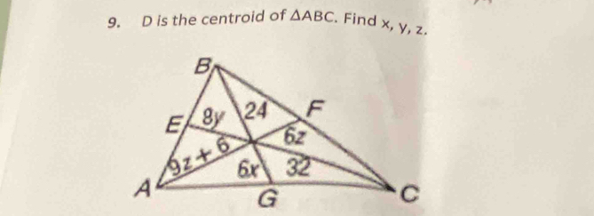 D is the centroid of △ ABC. Find x, y, z.