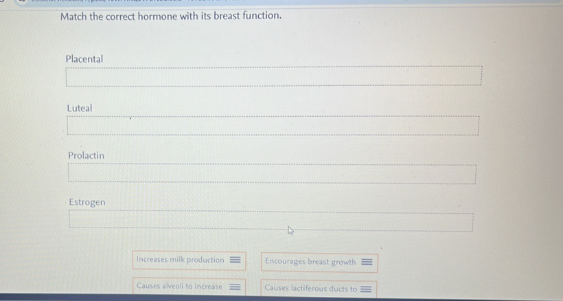 Match the correct hormone with its breast function. 
Placental 
Luteal 
Prolactin 
Estrogen 
Increases milk production Encourages breast growth 
Causes alveoli to increase Causes lactiferous ducts to