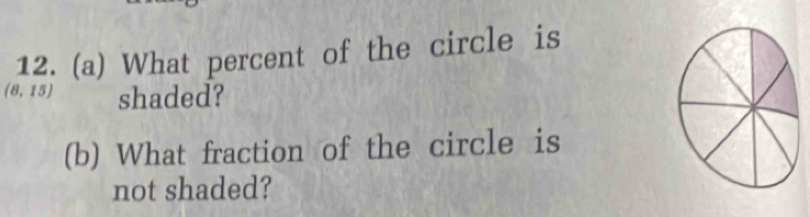 What percent of the circle is
(8,15) shaded? 
(b) What fraction of the circle is 
not shaded?