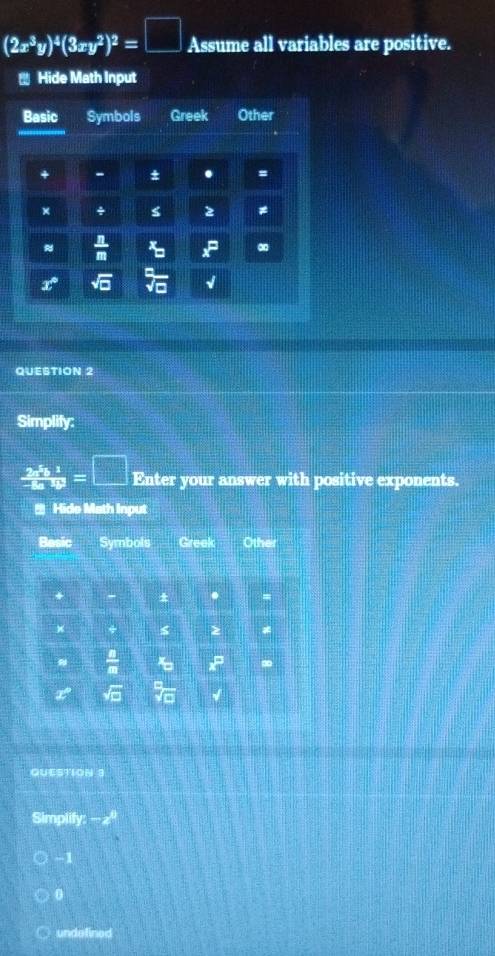 Solved: (2x^3y)^4(3xy^2)^2= Assume all variables are positive. Hide ...