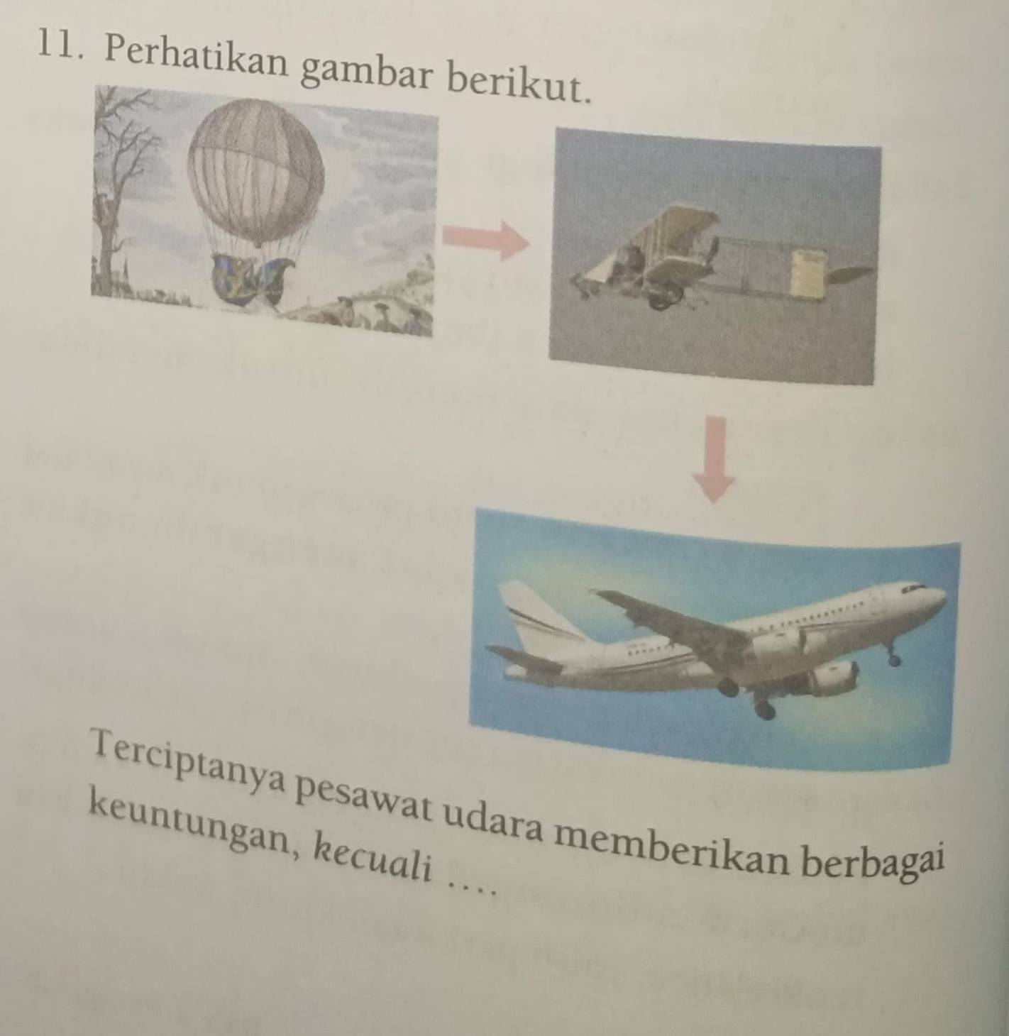 Perhatikan gambaerikut. 
Terciptanya pesawat udara memberikan berbagai 
keuntungan, kecuali …