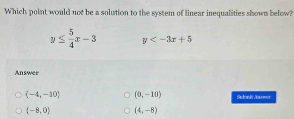 Solved: Which point would not be a solution to the system of linear ...