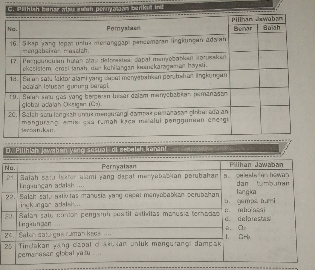 Pilihiah benar atau salah pernyataan berikut ini!
D. Pilihlah jawaban yang sesuai, di sebelah kanan!
2