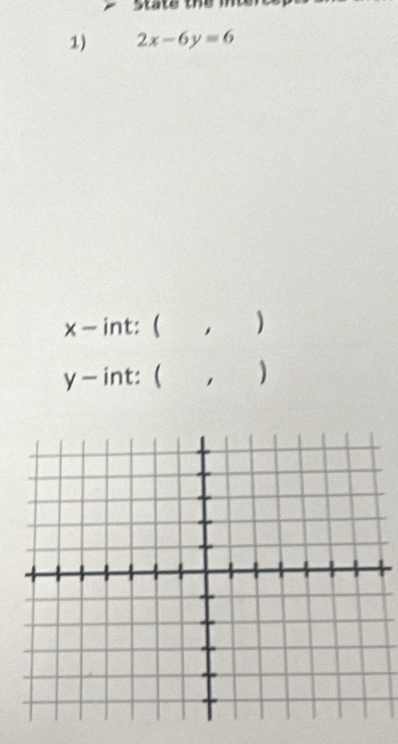 state the mer 
1) 2x-6y=6
x - int: ( )
y - int: ( ( )