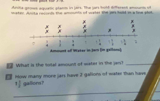 The plot for 7-9.
Anita grows aquatic plants in jars. The jars hold different amounts of
water. Anita records the amounts of water the jars hold in a line plot.
What is the total amount of water in the jars?_
3 How many more jars have 2 gallons of water than have
1 1/2  gallon s?
_