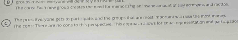 groups means everyone will definitely do his her part.
The cons: Each new group creates the need for memorizing an insane amount of silly acronyms and mottos.
The pros: Everyone gets to participate, and the groups that are most important will raise the most money.
C The cons: There are no cons to this perspective. This approach allows for equal representation and participatior