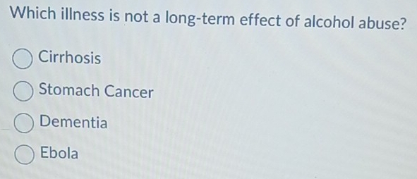 Which illness is not a long-term effect of alcohol abuse?
Cirrhosis
Stomach Cancer
Dementia
Ebola