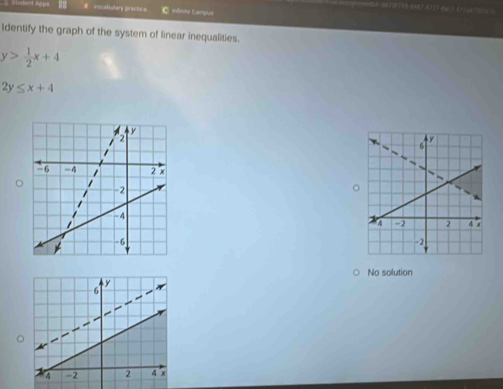 == (19 1(8 ) 47 A22 7-3= 1. 4+2=0 1 = 0
student Apps vocabulary practice Infrite Campus
Identify the graph of the system of linear inequalities.
y> 1/2 x+4
2y≤ x+4
No solution