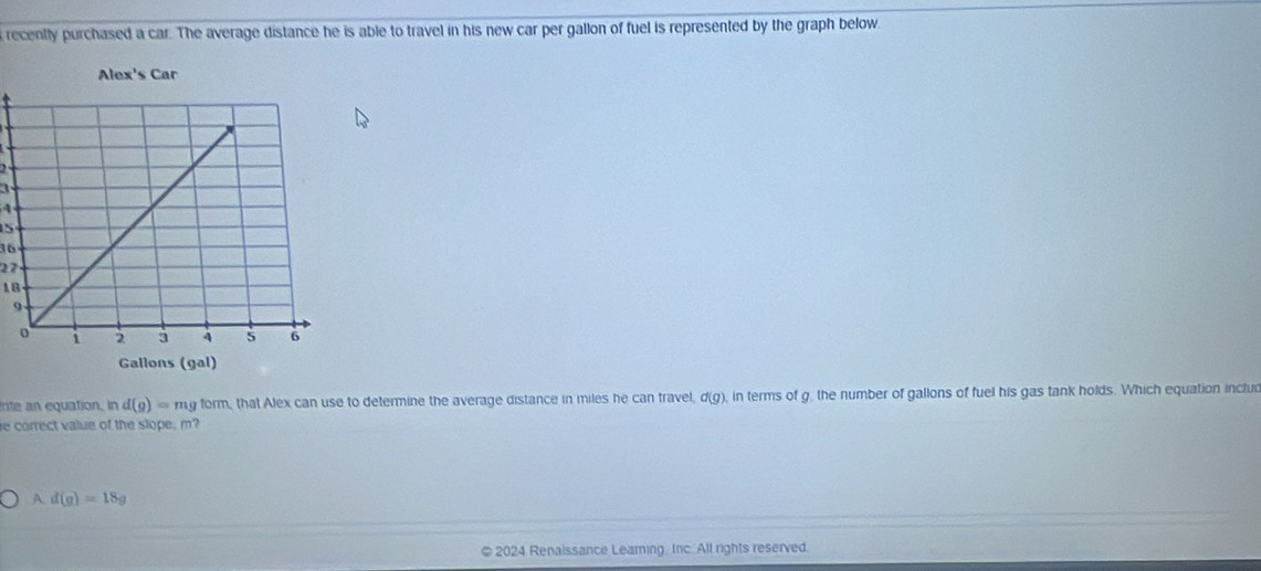 recently purchased a car. The average distance he is able to travel in his new car per gallon of fuel is represented by the graph below
n
4
5
36
27
18
9
inte an equation, in d(g)=mg form, that Alex can use to determine the average distance in miles he can travel, d(g), in terms of g, the number of gallons of fuel his gas tank holds. Which equation inclui
e correct value of the slope, m?
A. d(g)=18g
© 2024 Renaissance Leaming, Inc. All rights reserved.