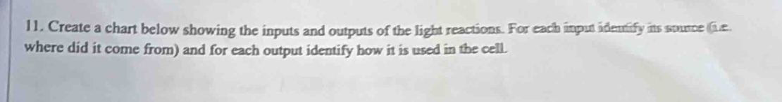 Create a chart below showing the inputs and outputs of the light reactions. For each input idemify its sounce (e 
where did it come from) and for each output identify how it is used in the cell.