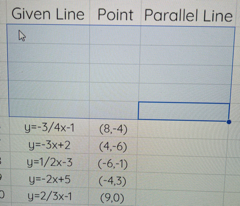 Given Line Point Parallel
y=2/3x-1 (9,0)