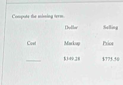 Compute the missing term. 
Dollar Selling 
Cost Markup Price 
_
$349.28 $775.50